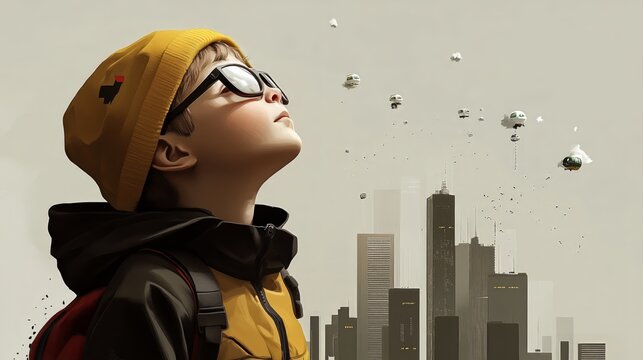 Futuristic urban vision: child gazing at flying drones over modern cityscape