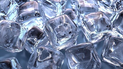 Top View of Densely Packed Ice Cubes with Bluish Tint and Light Reflections, Smooth Frosted Surfaces