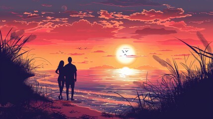 Fototapeta premium Romantic Sunset Silhouette of a Couple on a Beach Vacation, Perfect for Capturing the Essence of Love and Tranquility in Your Next Project