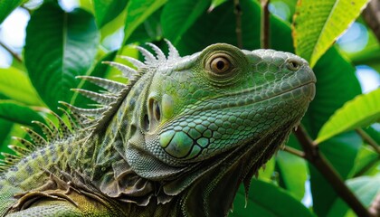 Obraz premium Closeup of head of a green Iguana with leaves in a tree