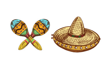 Hand-drawn colored  sketches of maracas and sombrero. Vintage drawing of hat. Vector black ink outline illustration. Mexican culture, clothes