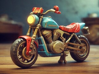 Fototapeta premium Blue and red toy motorcycle standing on wooden floor
