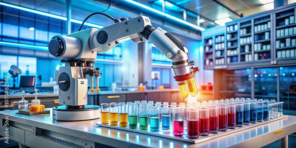 Poster advanced robot in a pharmaceutical laboratory handling biological samples with precision for accurat