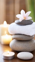 Serene spa setting with frangipani flowers, soothing stones, and candles creating a tranquil atmosphere for relaxation