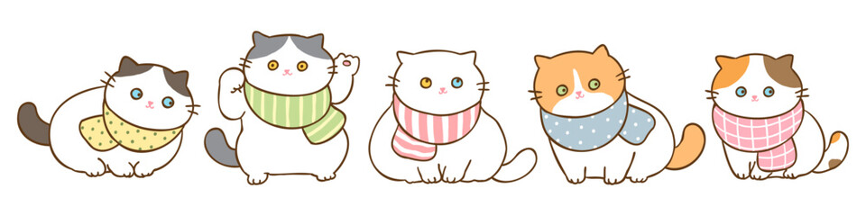 Vector Illustration of Cute Cartoon Cat Characters on Isolated Background