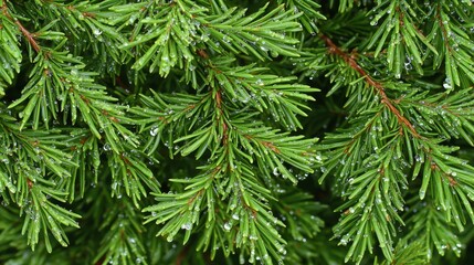 Fototapeta premium Close-Up of Evergreen Tree Branches with Deep Green Needles and Bluish Tint, Dense Overlapping Layout with Water Droplets, Fresh and Glistening Appearance