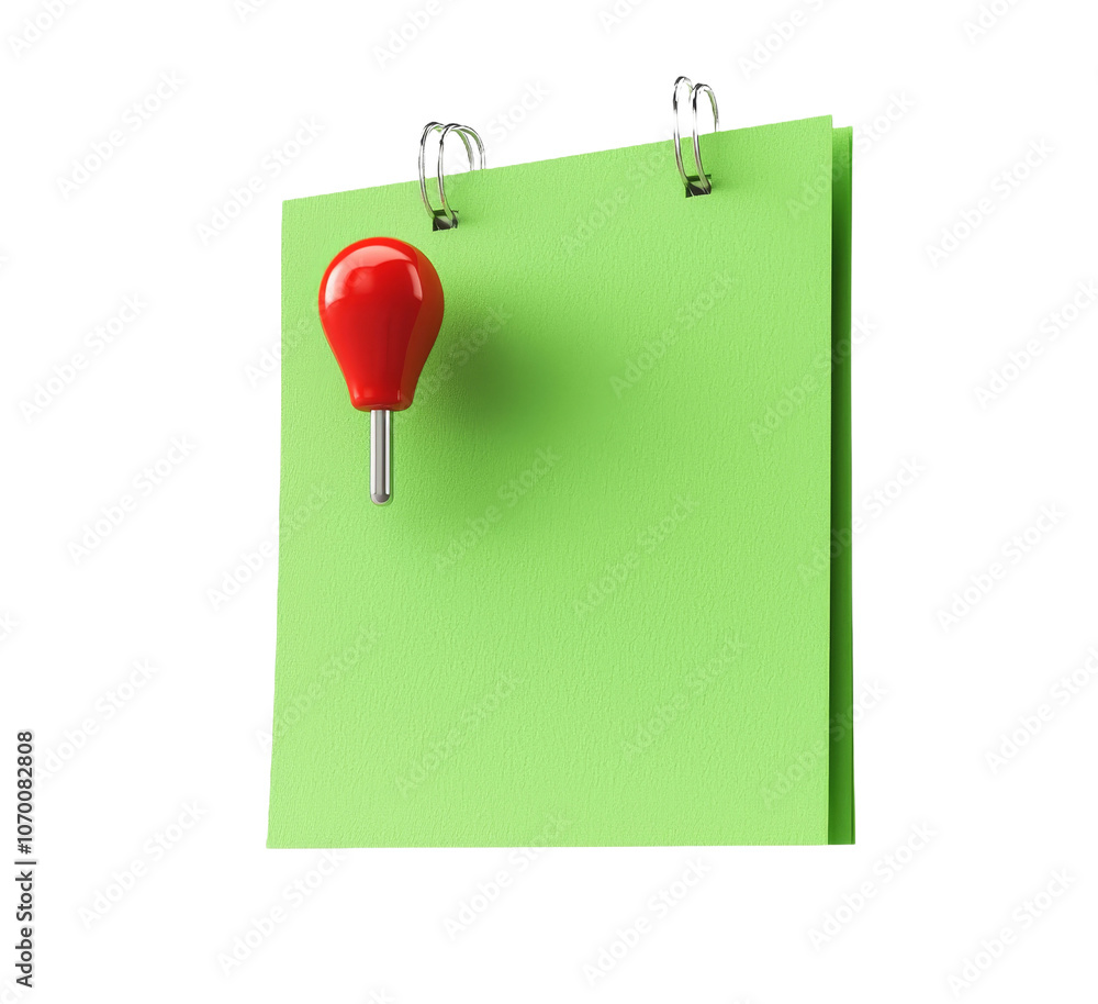 Poster isolated green paper note with push pin on transparent background