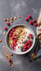 Fototapeta premium Creative food template. Bowl of yoghurt with granola, seed cereal grains, flakes oat wheat muesli with raspberry berry and almond walnut nut on concrete background. copy text space, top flay lay view