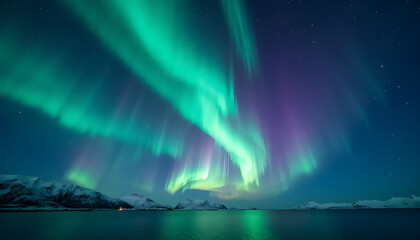 Naklejka premium Captivating aurora borealis spectacle featuring vibrant lights against a celestial canvas of twinkling stars