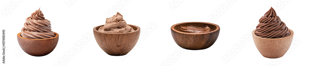 Poster the paste of chocolate in a wooden bowl is isolated on a transparent background