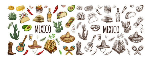 Hand-drawn colored and monochrome set of realistic mexican elements. Vintage sketch drawings of Latin American culture. Vector ink illustration. Mexican culture.