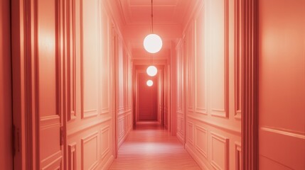 A long, narrow hallway with pink walls and white trim, lit by a single lightbulb at the end.