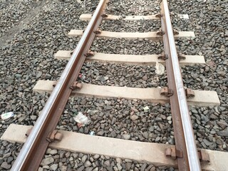 Close up of railroad tracks on gravel on a sunny morning