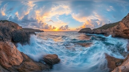 Obraz premium A stunning panoramic view of a dramatic seascape at sunset, with powerful waves crashing against the rocky coastline and a colorful sky above.