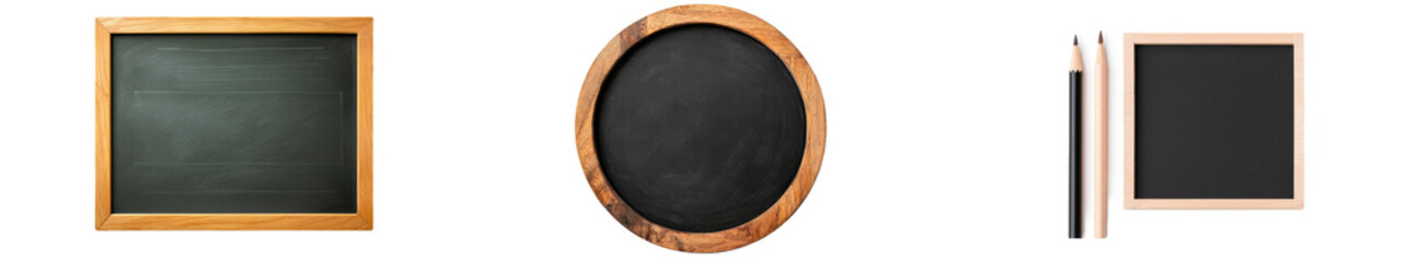 Fototapeta premium An isolated white background shows a black school chalkboard with a wooden frame