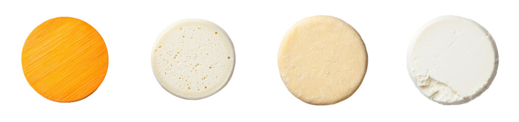 Top view of a whole round hard cheese isolated on white