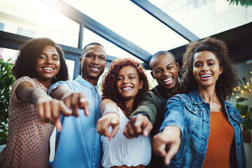 People, portrait and hands pointing to you with choice, selection and happy for new years party. African friends, women and men with laugh, smile and decision or picking for social event celebration