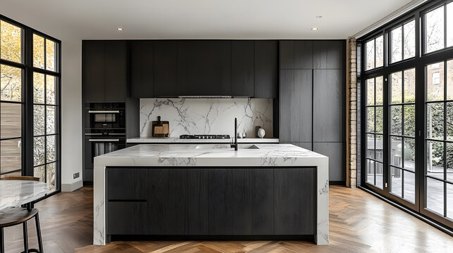 An elegant photography of a modern minimalistic kitchen featuring matte finish cabinetry in a deep charcoal shade, contrasted by a white marble backsplash and countertops.