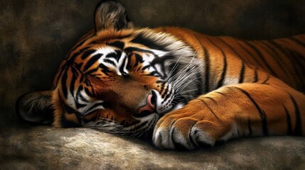 Fototapeta premium A tiger with orange and black stripes sleeps on a rock. It has its head resting on its paw and its eyes are closed.