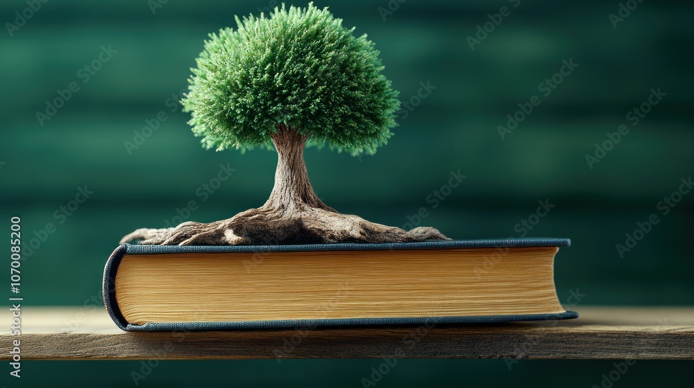 Poster explore the harmony between nature and knowledge through a tree on a book