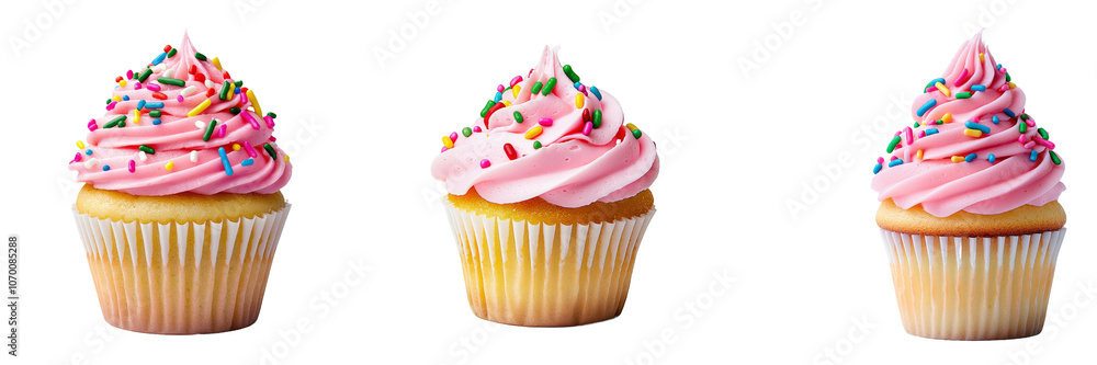 Poster this sweet, pink cupcake is adorned with colorful sprinkles and features a soft texture and bright c