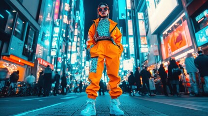 Tokyo fashion influencer, unique blend of traditional and futuristic design for a chic streetwear collection, full-body shot in vibrant colors
