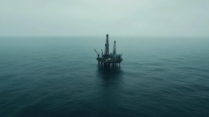 Aerial perspective on an offshore oil rig in the ocean, with its structure standing out against vast, calm waters and an expansive horizon.