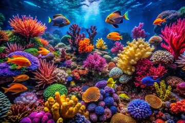 Fototapeta premium Aerial View of a Lush Saltwater Fish Tank Featuring Vibrant Coral Reefs and Colorful Tropical Fish in a Captivating Underwater Ecosystem Environment