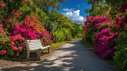 A white wooden bench sits on the edge of a path through a lush garden with vibrant pink flowers.