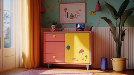 A colorful dresser with a single drawer open, sits in a brightly decorated room.