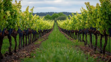 Obraz premium Vineyard rows with ripe grapes under a cloudy sky during late afternoon in summer