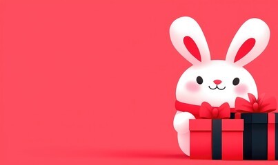 Cute bunny delivers holiday joy with gift boxes in vibrant red background