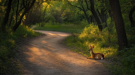 A young deer sits on a path in a forest, basking in the golden light of the setting sun.