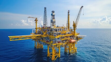 Aerial perspective on an offshore oil rig in the ocean, with its structure standing out against vast, calm waters and an expansive horizon.