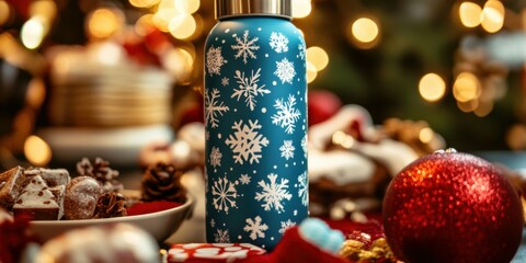 Close-up of a holiday-themed water bottle featuring a festive design of snowflakes, resting on a table with holiday treats around it.