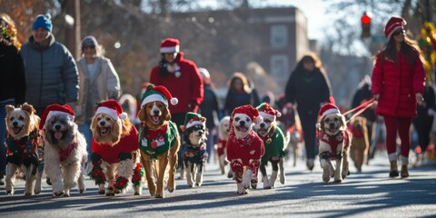 Wide shot of a holiday pet parade with dogs dressed in holiday-themed costumes, walking with their owners and spreading holiday cheer.