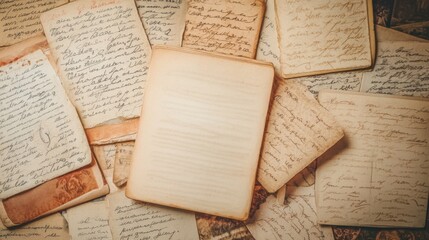 Obraz premium Aerial view of a collection of vintage postcards with handwritten notes, sepia-toned, concept of nostalgia and travel, sharp details, romantic theme