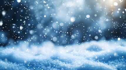 Obraz premium Winter snowflakes falling softly on a serene blue landscape at dusk. Generative AI.