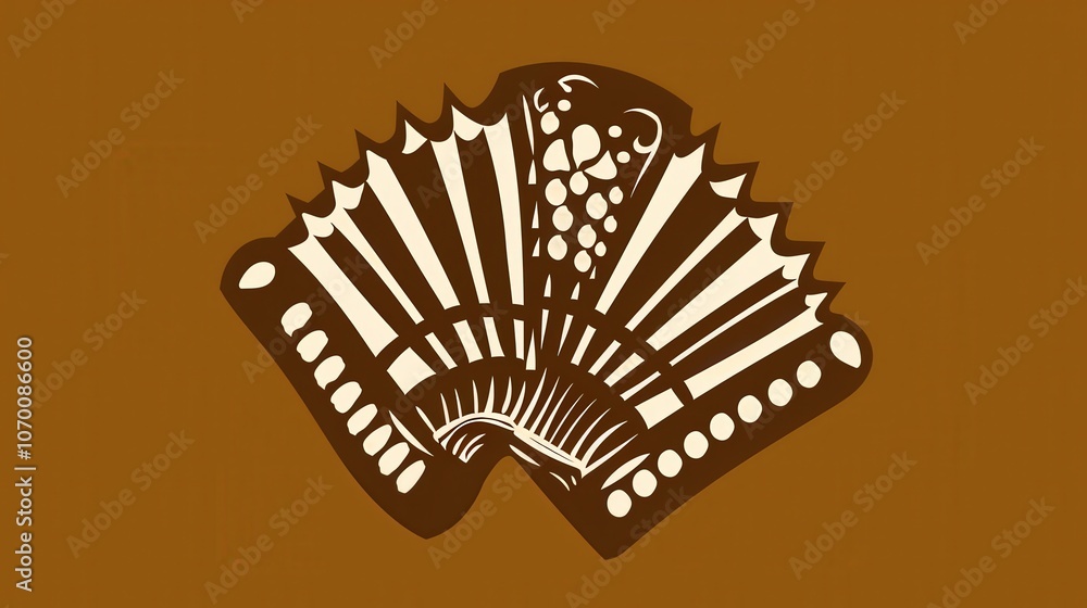 Poster a stylized fan design featuring intricate patterns and shapes on a brown background.