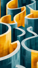 Modern abstract image of a maze with winding yellow and blue walls, creating a sense of depth and geometric complexity