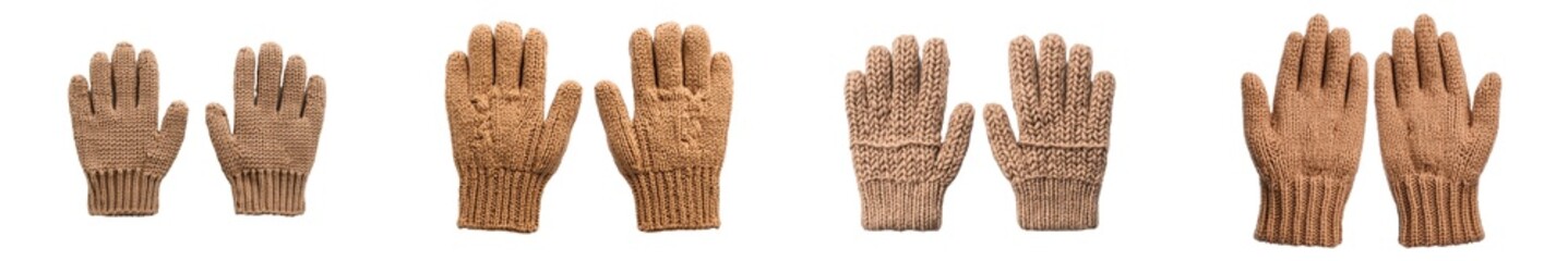 These brown mittens are made from thick yarn and feature a cozy and warm design. They are great for cold weather and are practical for outdoor activities. Isolated on transparent background.