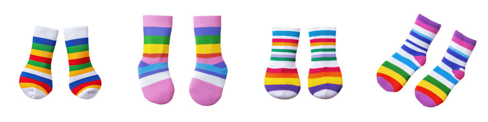Isolated on transparent background, png, colorful striped cotton socks in vibrant shades of red, blue, green, yellow, and purple. They are comfortable, stylish, and perfect for casual wear.