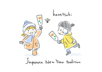 お正月の子供たち　羽根つき　カラフルでかわいい手描きイラスト