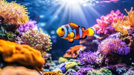Obraz premium A clownfish swims among vibrant coral reefs in a clear blue ocean.