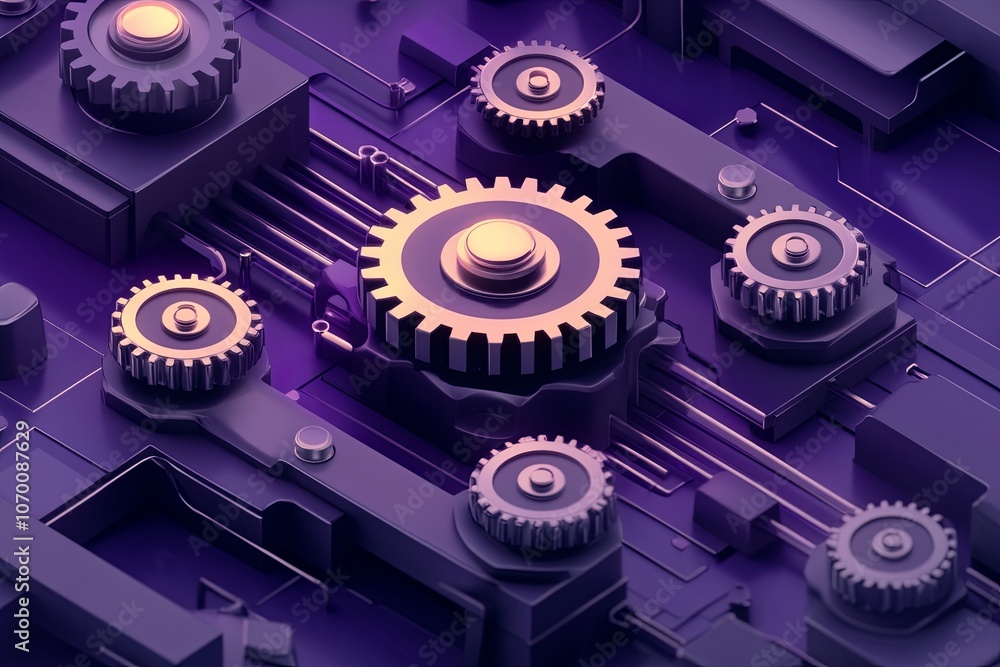 Poster complex arrangement of gears in a modern machine illuminated with a purple hue showcasing intricate 