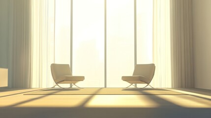 Fototapeta premium Two chairs facing each other in a minimalist living room with a large window and soft sunlight streaming in.