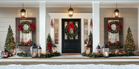 Fototapeta premium Wide shot of a porch decorated with several Christmas-themed mini lanterns, along with wreaths and garlands, welcoming guests to the home.