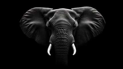 A close-up portrait of an elephant's face against a black background. The elephant's large ears and tusks are clearly visible.