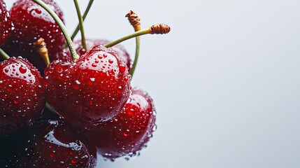 A pile of ripe cherries with tiny water droplets on their shiny skins, isolated on a white background, highlighting their juicy, fresh look.