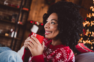 Photo of attractive young woman smell drink cacao dressed red christmas outfit cozy day light home party decoration interior living room